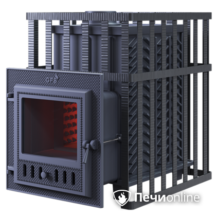 Дровяная банная печь Гефест ЗК в сетке-18 (М) чугунная дверца со стеклом, запатентованная каменка сетка в Нижнем Новгороде